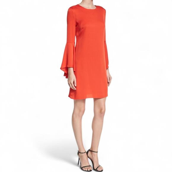 Milly Bell Sleeve Silk Blend‎ Stretch Crepe Midi Shift Dress Flame Orange Size 8 - Picture 1 of 11